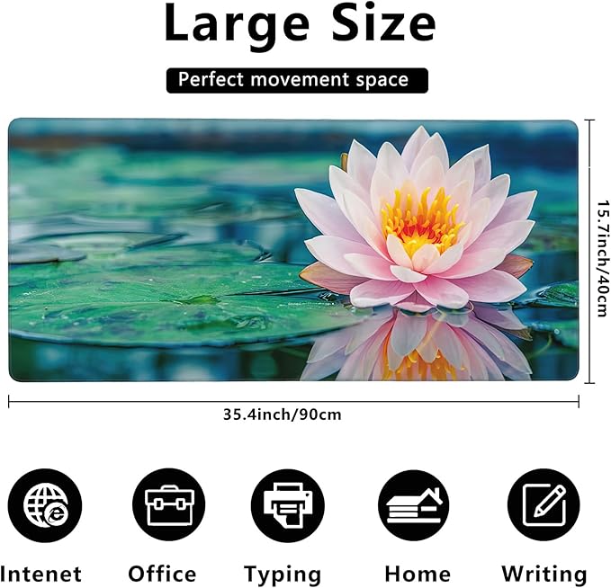 MIOAOSRT Desk Mat,Beautiful Pink Lotus Large Gaming Mouse Pad with Stitched Edges,Non-Slip Computer Mouse Pad for Desk,Extended XXL Keyboard and Mouse Pad 35.4x15.75 in