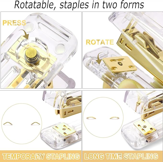 Gold Desk Organizers and Accessories 7Pcs Set with 360-Degree Rotating Pen Holder, Acrylic Stapler, Tape Holder, Staple Remover, Binder/Paper Clips Kit, Scissor and 1 Box of Staples (Gold)
