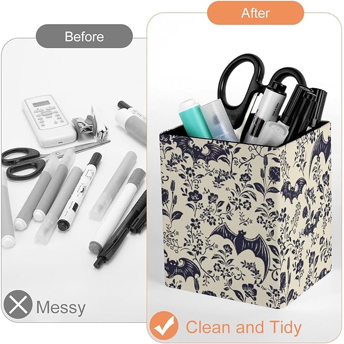 Square Pen Holder & Pencil Organizer for Desk - Office Storage Organizer, Markers/Makeup Brushes/Scissors Holder, Compact Desk Decor Accessories for Home Classroom School(Goth Bats)