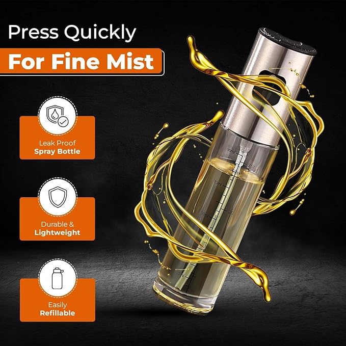 VIGOR PATH Oil Sprayer Mister - 100ml Stainless Steel Cooking Oil Sprayer Bottle for Air Fryer, BBQ, Salad, Baking, and Roasting - Refillable Oil, Vinegar, Sprayer for Kitchen Gadgets - Pack of 2