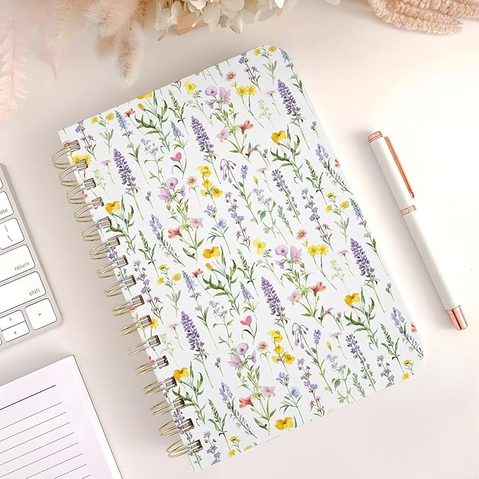 Cute Spiral Notebook journal A5 Aesthetic Pretty Floral Design for Women Girls Kawaii with Pocket, 8.5 x 5.7 inch, Link Floral