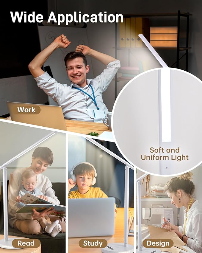 LED Desk Lamp with Wireless Charger, Stepless Dimming Desk Light with 3 Color Modes, Foldable Eye-Caring Study Reading Table Lamp with Night Light for College Dorm Home Office Bedroom Beside(White)
