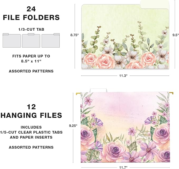 Global Printed Products Deluxe Designer Hanging File Folder Kit, Includes Metal Hanging Basket, 12 Hanging Folders, 24 File Folders, 1/3 Cut Tab, Assorted Positions, Letter Size (Watercolor Floral)