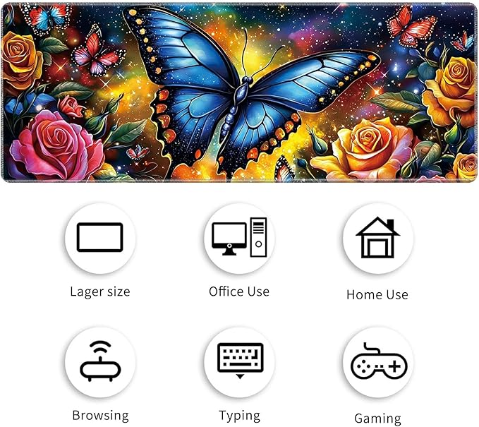Desk Mat Large Gaming Mouse Pad (31.5x11.8 inch) with Stitched Edges, XL Mouse Pad +Coaster, Extended Mouse Mat Keybroad Mousepad Non-Slip Rubber for Gamer Men Women, Butterfly Color Roses
