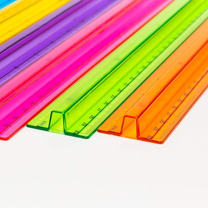 BAZIC Plastic Ruler 12" (30cm) w/Handle Grip, Inches Centimeter Metric Measuring Drafting Rulers, for Students School Supplies, Assorted Color, 6-Pack