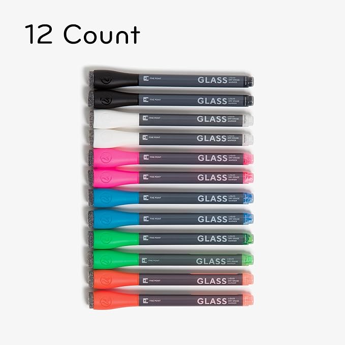 U Brands Fine Tip Liquid Glass Whiteboard Markers with Eraser for Glass Boards, Dry Erase Boards, and Chalk Boards, Assorted Bright Colors, Set of 12