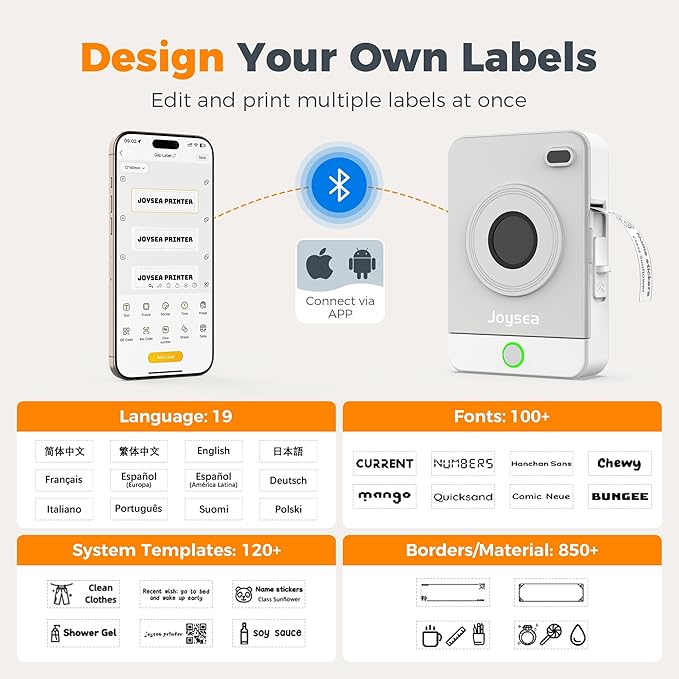 Joysea Portable Label Maker Machine with Tape, Bluetooth Thermal Sticker Maker for Home Kitchen & Office, Gray
