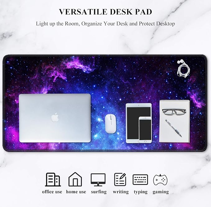 Auhoahsil Large Gaming Mouse Pad, Galaxy Theme XXL 35.4 x 15.7 in Desk Pad Stitched Non-Slip Rubber Long Computer Mousepad Thin Extended Full Size Desk Mat for Desktop, Laptop, Wireless Mice, Purple