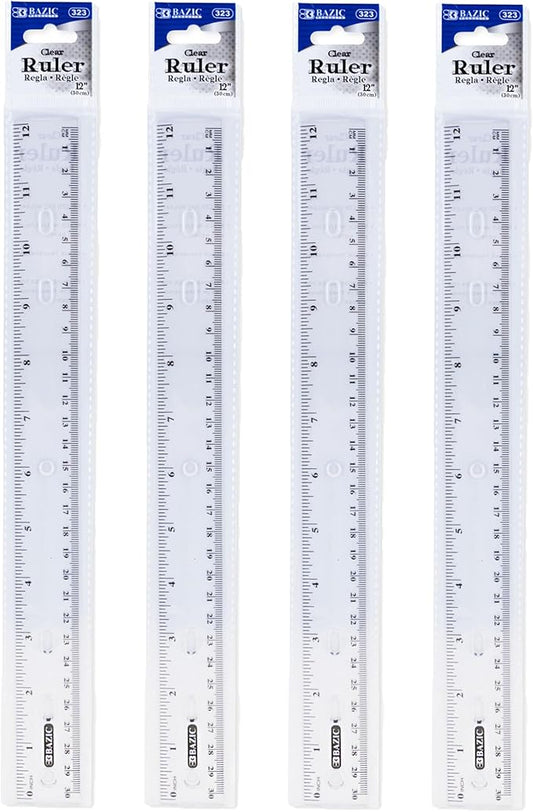 BAZIC Plastic Clear Rulers 12 inch (30cm), Inches Centimeter Metric Ruler Measuring Long Ruler, Straight Edge Ruler for Students School Supplies, 4-Pack