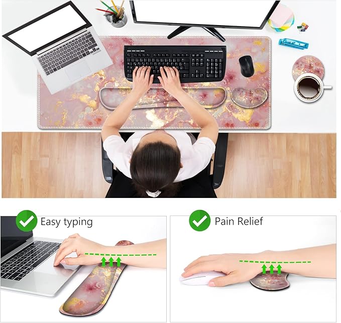 AIMSA Keyboard Mouse Pad Set, Large Gaming Mouse Pad +Wrist Rest Mouse Pad +Keyboard Wrist Support +Coaster, 35x15.7 inch Extended Desk Mat for Easy Typing Pain Relief (Pink Gilt Marble)