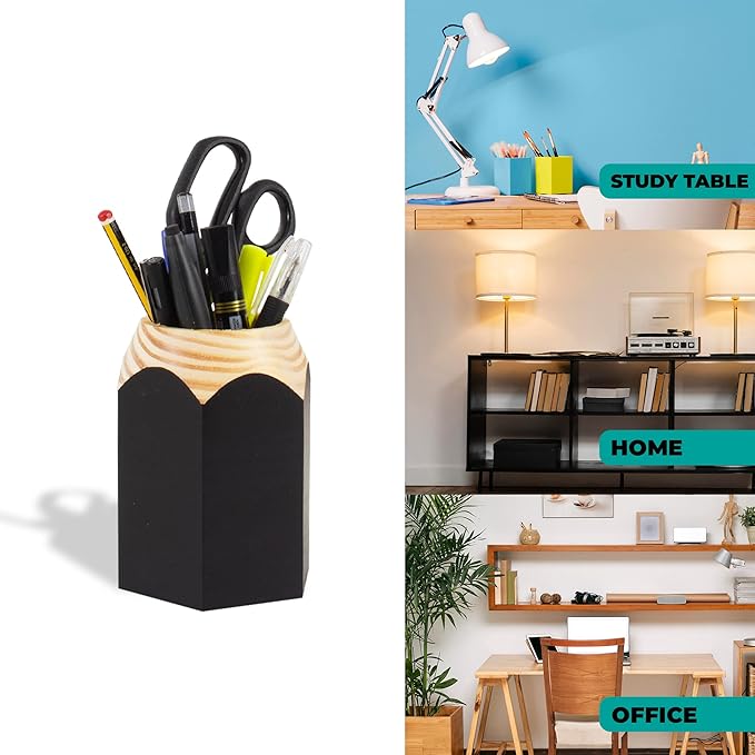 GEGUTON Sharpener Shaped Pen Holder – Black Solid Wood and Steel and Retro Design – Organizes Desk Accessories, Adds Charm to Workspaces, Great Gift – Fun Collection
