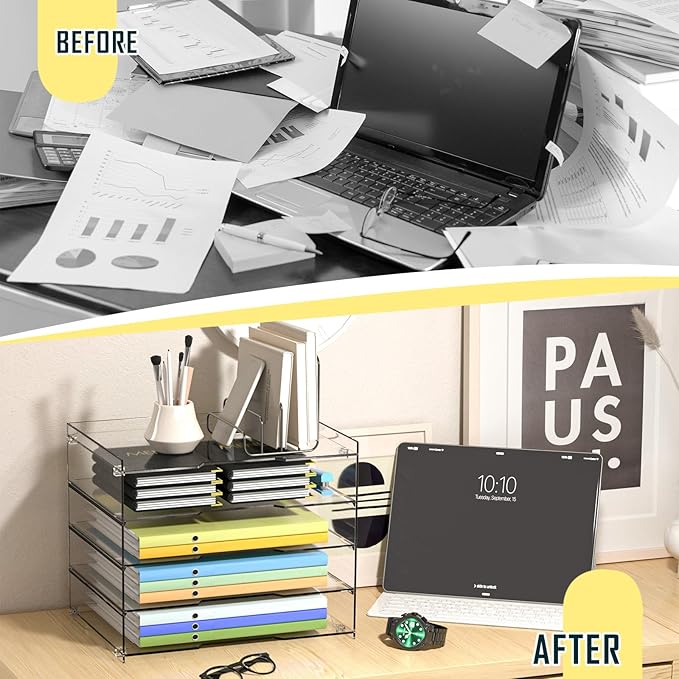 KKU 5 Tier Clear Acrylic Desk Organizer, Letter Tray Paper File Desk Organizer and Accessories For Office Supplies