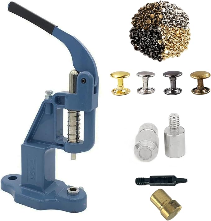 Hobby Trendy Hand Press with 1000 Sets of Iron 9mm Double Capped Rivets with Dies and Hole Punch(Blue Press,Combo(Colorsx250) Rivets)