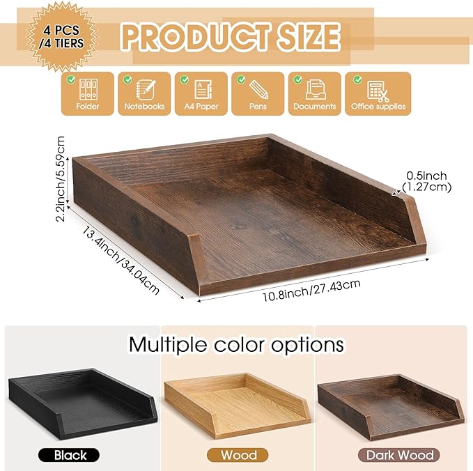 4 Pcs Wooden Letter Trays Wood Letter-Size Desk Organizer Heavy Duty 2 Tier Stackable Supports Paper Tray Desktop Drawer Organizer File Folder Magazine Office Accessories (Dark Wood)