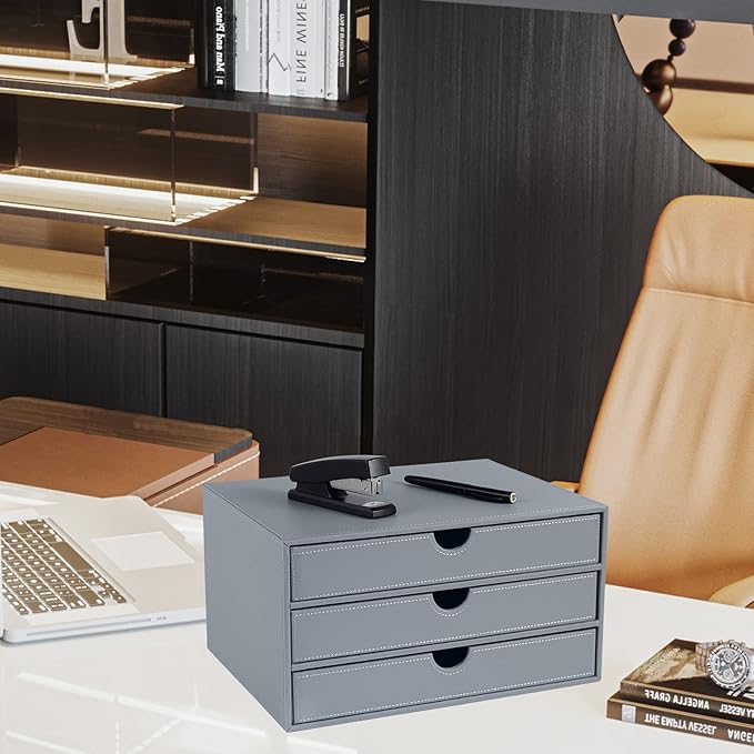 Leather Desk Organizer with 3 Drawers/Tray, Executive Office Supplies Desktop Filing A4 File Cabinet/Holder, Stackable Storage Box Grey (Gray)