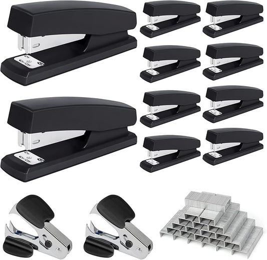 12 Pcs Staplers Metal Desktop Staplers Bulk Set for Office School Classroom Supplies with 2 Pcs Stapler Remover Puller, 8000 Pcs Staples 24/6mm Black