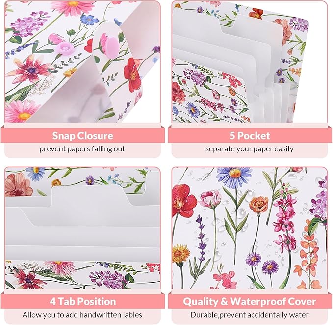 SKYDUE Expanding File Folder with 5 Pockets, Accordion File Organizer,Portable Receipt Paper Documents Organizer,Letter Size Filing Folder School Office Supplies,White