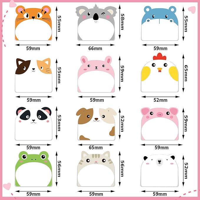 Yinder 24 Pads Cute Sticky Notes Kawaii Fun Animal Sticky Notes Pads Bulk Cartoon Memo Self Adhesive for Veterinary Gift Office School Tab Party Supplies(Classic Animals)