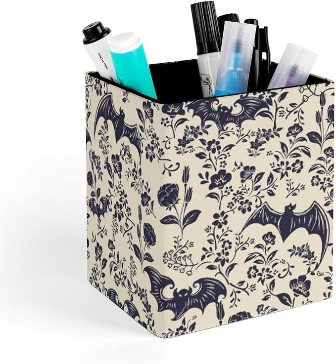 Square Pen Holder & Pencil Organizer for Desk - Office Storage Organizer, Markers/Makeup Brushes/Scissors Holder, Compact Desk Decor Accessories for Home Classroom School(Goth Bats)