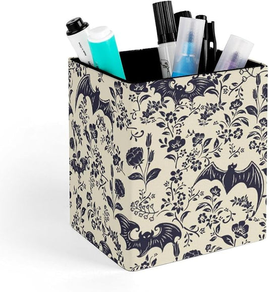Square Pen Holder & Pencil Organizer for Desk - Office Storage Organizer, Markers/Makeup Brushes/Scissors Holder, Compact Desk Decor Accessories for Home Classroom School(Goth Bats)