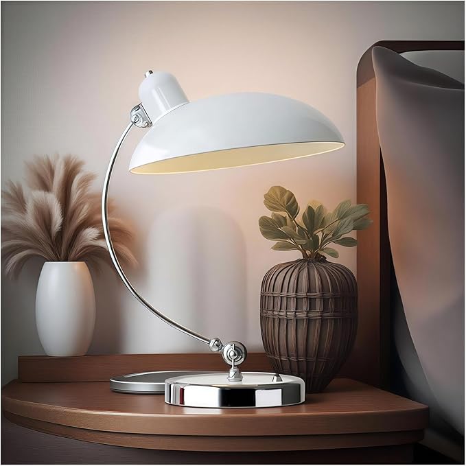 Industrial Vintage Metal Desk Lamp - Glossy Electroplated, Adjustable Arm & Shade, Button Switch - Perfect for Bedroom Nightstand/Office Study/Reading - Retro Table Lamp(White)