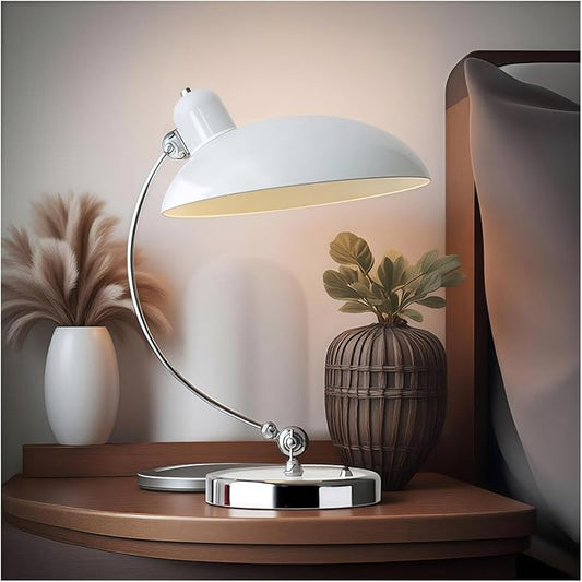 Industrial Vintage Metal Desk Lamp - Glossy Electroplated, Adjustable Arm & Shade, Button Switch - Perfect for Bedroom Nightstand/Office Study/Reading - Retro Table Lamp(White)