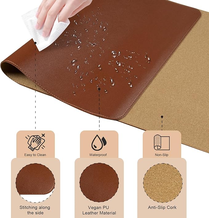 Dual-Sided Desk Pad, Natural Cork & PU Leather Mouse Pad for Desk, Desk Pad Protector, Non-Slip Desk Mat for Office and Home Work, (Brown, 23.6" x 13.7")