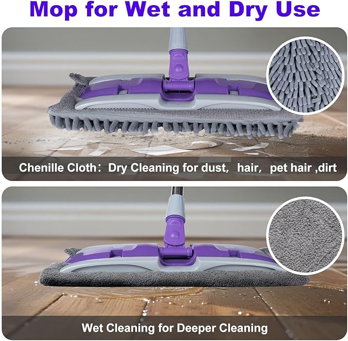 ITTAHO Microfiber Mops for Floor Cleaning ,Wet Dry Flat Mop with Stainless Steel Telescopic Handle,4 Reusable Mop Pads , Dust Mop for Hardwood Floors ,Home,Laminate,Tile,Hardwoods Cleaning (Purple)