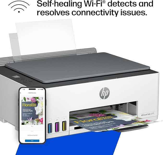 HP Smart Tank 5101 Wireless All-in-One Ink Tank Printer, Scanner, Copier with 2 years of ink, Best-for-home, Refillable, AI-enabled (1F3Y0A)