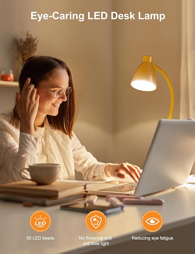 BOHON LED Desk Lamp with USB Charging Port, 3 Color Modes Fully Dimmable Reading Lamp, Auto Dimming Task Lamp, Flexible Gooseneck Table Light for Home Office Dorm Bedside, Bright Yellow