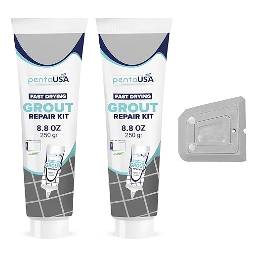 PentaUSA Grout - Premixed Grout Repair Set, 8.8 oz, 2 Pack Tile Grout Tubes, Repairs and Renews Tile Grout in Bathroom and Kitchen, Odorless and Safe Formula - 2 Pack (Grey)