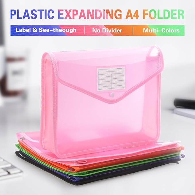 Plastic Expanding File Folder, Transparent envelopes with Snap Closure, No Dividers, Large Capacity, Fit Letter/A4 Size (Pink)