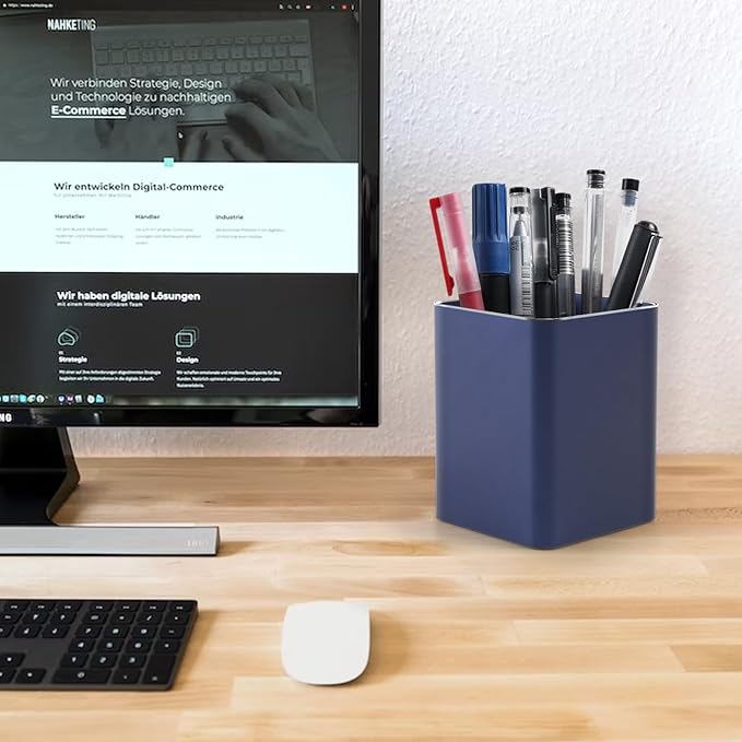 RQB Metal Pen Holder for Desk Square Aluminum Desktop Organizer and Makeup Brush Holder Storage Box for Office, School, Home, and Kids, Non-slip silicone 4×3.15inch (Blue)