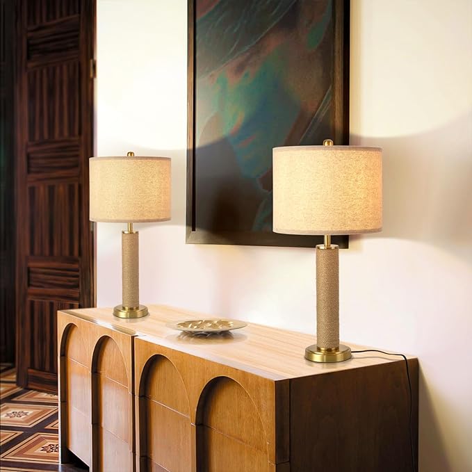 Boho Table Lamp for Bedroom, Brass Gold Wicker Table Lamp, Suitable for Small Space, Farmhouse Boho Lamp, Rustic Design Desk Lamp for Kitchen Counter, Bedside, Bedroom, Nightstands Decor