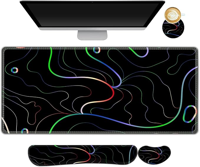 ARTSO Gaming Mouse Pad Wrist Support Set, XXL Large Desk Mat Mousepad + Keyboard Wrist Support+ Mouse Wrist Rest+Coaster 4in1 Ergonomic, Memory Foam, Stitched Edge for Home Office -Colorful Lines