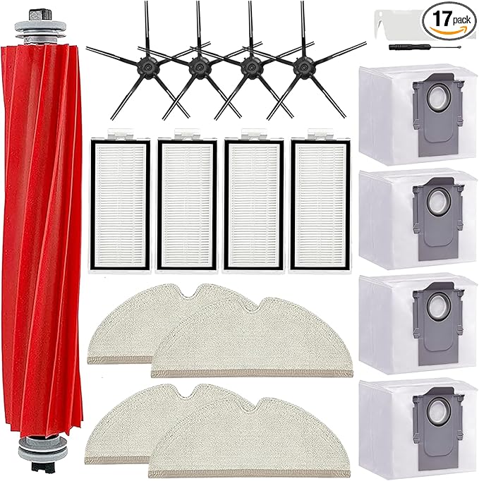 17 Pack Roborock Q7 Replacement Parts Compatible for Roborock Q7 Q7+ Q7 Max Q7 Max+ Vacuum Cleaner,1 Main Brush, 4 Filter, 4 Side Brush, 4 Mop Cloth, 4 Dust Bag
