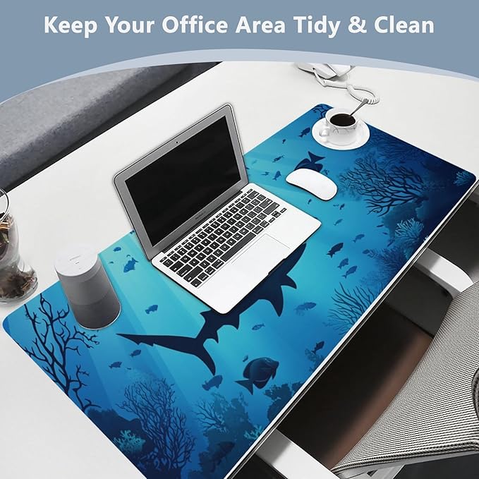 Mouse Pad Desk Mat Leather Desk Pad Large Gaming Desk Cover Protector Mat for Keyboard Computer Laptop Office Waterproof 47.2 x 23.6 Inch Sharks Coral Reef Tropical Blue