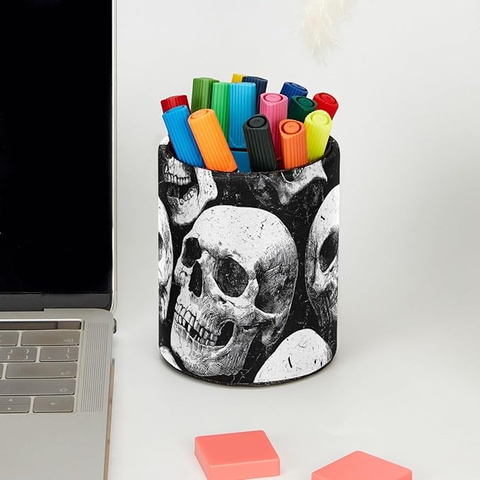 Leather Pen Holder for Desk Skull Pencil Cup Desktop Organizer Makeup Brush Holders Office Supplies for Home, Kids & School