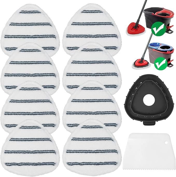 High-PQ Flat Mop Head Replacements, Microfiber Mopping Pads Refills, 8-Pack Spin Mop Pads + 1 Plastic Pad &1 Scrape for Floor, Wall & Ceiling Cleaning - Fits EasyWring & RinseClean Systems