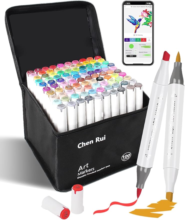 YHC 100 Colors Alcohol Brush Marker with Free App, Chen Rui Dual Tips Art Markers for Adults and Kids, Alcohol Based Brush & Chisel Tips Markers for Drawing, Coloring, Painting, Sketching