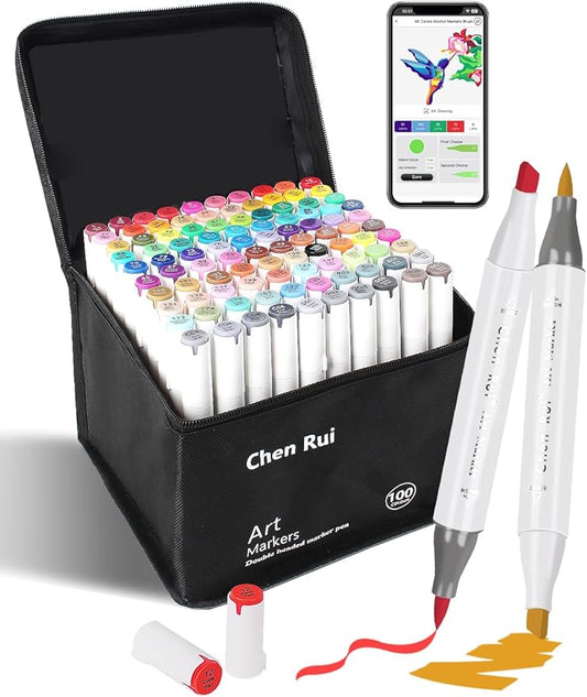 YHC 100 Colors Alcohol Brush Marker with Free App, Chen Rui Dual Tips Art Markers for Adults and Kids, Alcohol Based Brush & Chisel Tips Markers for Drawing, Coloring, Painting, Sketching