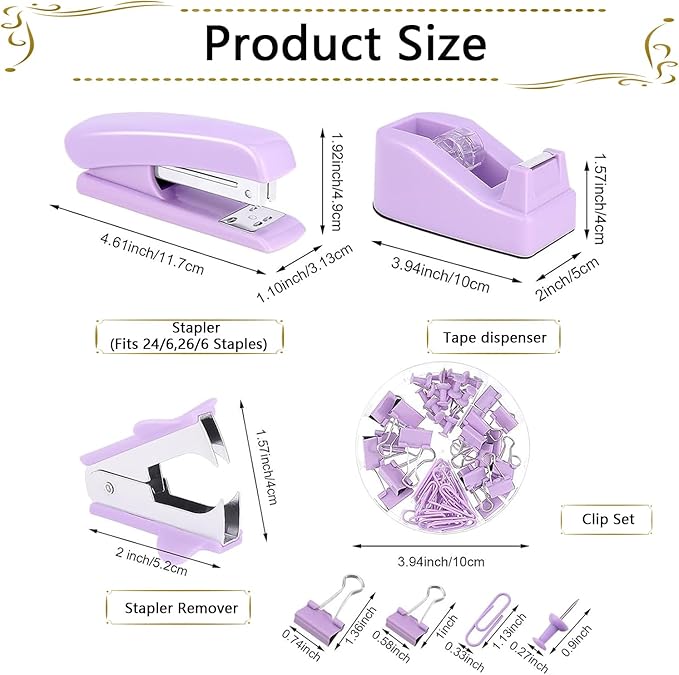 Office Supplies Set,Desk Accessories,Stapler and Tape Dispenser Set,1000 Staples,Staple Remover,Hinder Clips,Scissor,Index Tabs,Clear Tape,Ballpoint Pen,Coworkers(Purple)