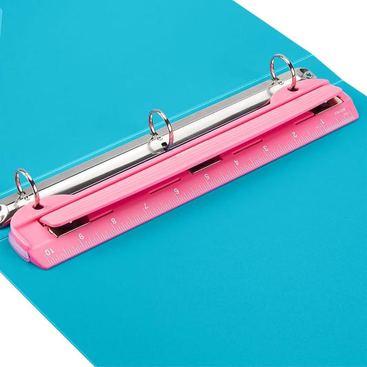 WORKLION 3 Ring Hole Puncher for Binders,Pink,with 10" Ruler, Plus Paper-chip Tray Design,Paper line up Guide,5 Sheets Capacity…