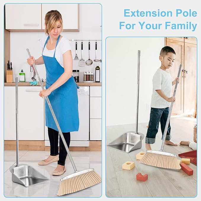 Large Size Heavy Duty Dustpan with Long Handle, VOOWO 43" Stainless Steel Dust Pan Standing Upright Dustpan, Indoor Outdoor Dust Pan with Handle for Kitchen and Home Office