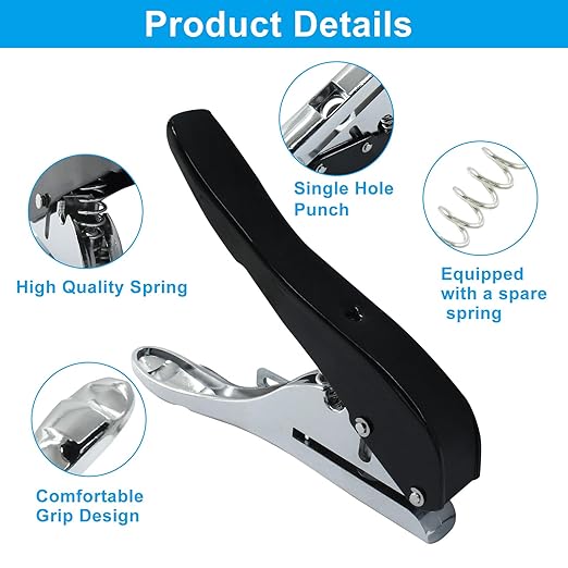 10 mm Single Hole Punch, Portable Hand Held Paper Hole Puncher, Black Long Hole Punch for Paper, Cards, Plastic