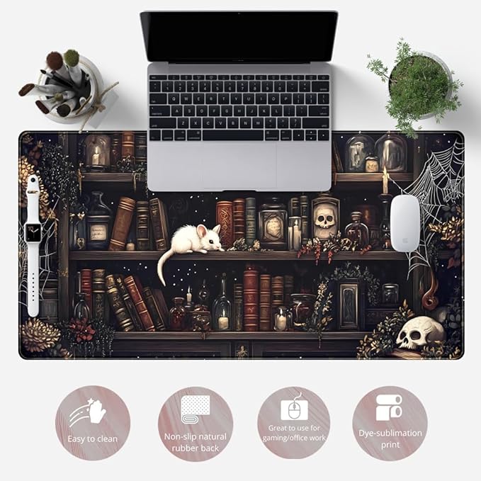 Dark Witchy Desk Mat Gaming Desk Pad Large Mouse Pad, Magician'S Fantasy Bookcase Gothic Mouse Mat XXL Laptop Keyboard Pad, Laptop Keyboard and Mouse Mat Desktop Protector Mat 31.5 X 15.7 in
