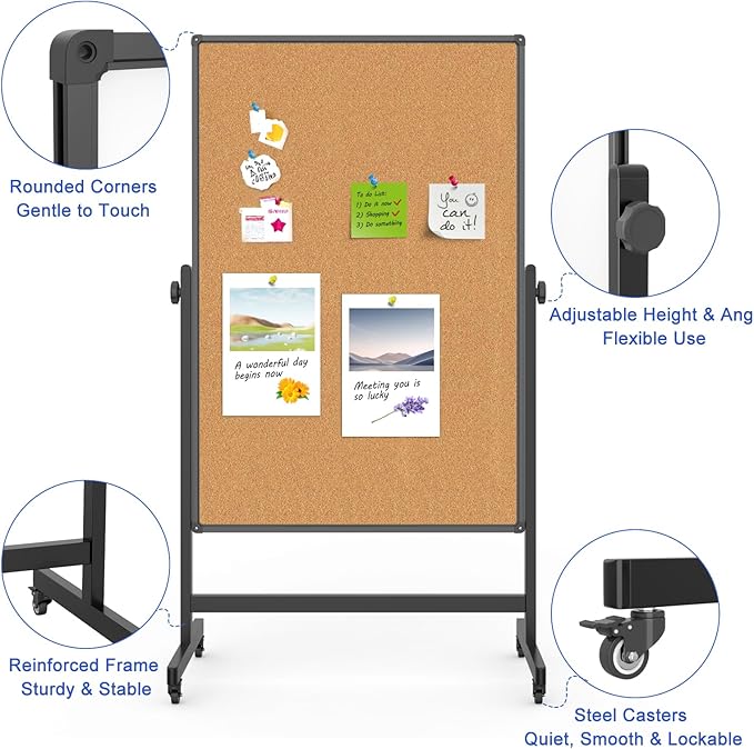 Double-Sided Whiteboard and Corkboard on Wheels, 48 x 32 Inch Magnetic Dry Erase Board with Adjustable Height Stand, Rolling Mobile Board for Office, Classroom, Presentation & Planning (Cork & Black)