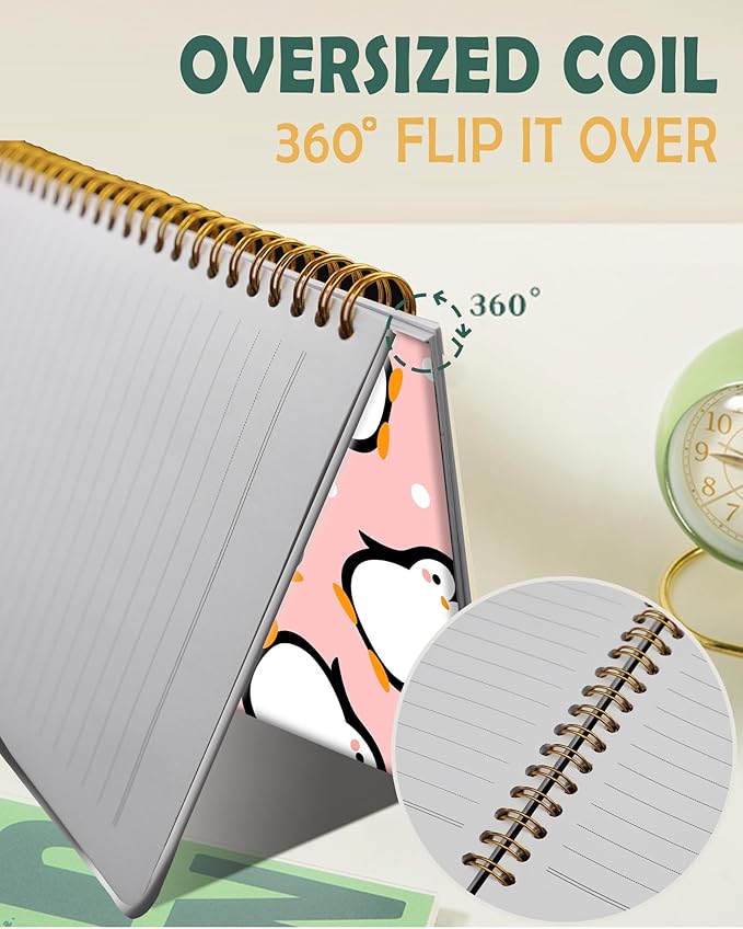 Ruled Spiral Writing Notebook,A5 Hardcover Lined College Journal for Women,Strong Twin-Wire Binding with Premium Paper,8.4" X 6",Perfect for School,Office,Home(Cute Penguin)