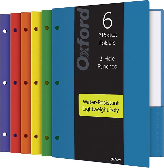 Oxford 2 Pocket Folders, Plastic Portfolio, Folder for School and Office, 2-Pocket Paper Organizer, 3 Hole Punch, Letter Size, Asst. Colors (Blue, Green, Yellow, Orange, Red, Purple), 6 Pack (14187)