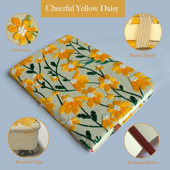 Daisy Gift, Flower Journal, Embroidered Notebook, Beautiful Journals for Women, 8"x6", Hardcover, Lay Flat, A5, Lined Paper, Wide Ruled Page, Writing Journal, Yellow Daisy, with Elastic Band